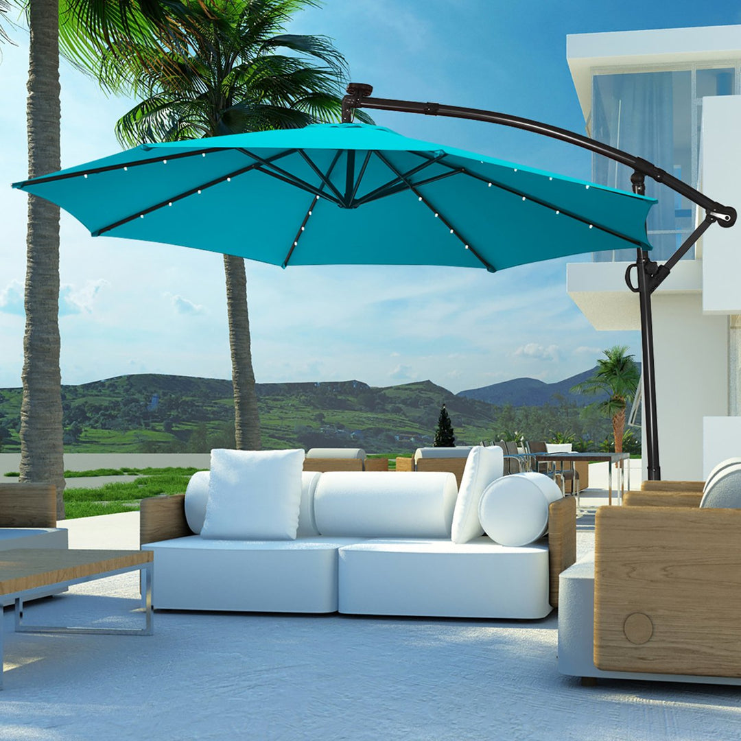 10FT Patio Offset Umbrella Solar Powered LED 360Degree Rotation Aluminum Turquoise Image 6