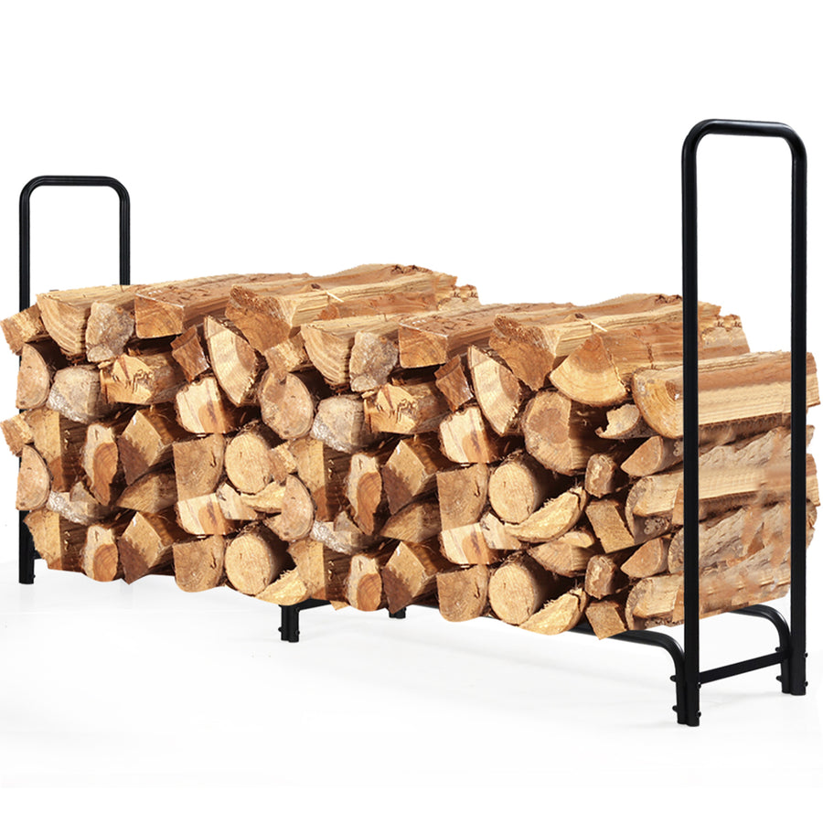 8 Feet Outdoor Steel Firewood Log Rack Wood Storage Holder for Fireplace Black Image 1