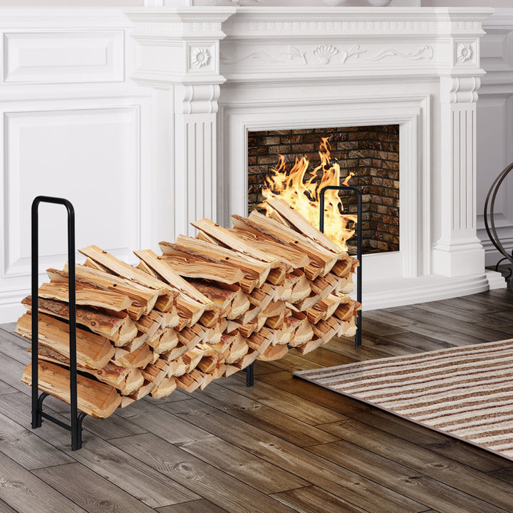 8 Feet Outdoor Steel Firewood Log Rack Wood Storage Holder for Fireplace Black Image 3