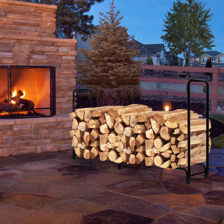 8 Feet Outdoor Steel Firewood Log Rack Wood Storage Holder for Fireplace Black Image 4