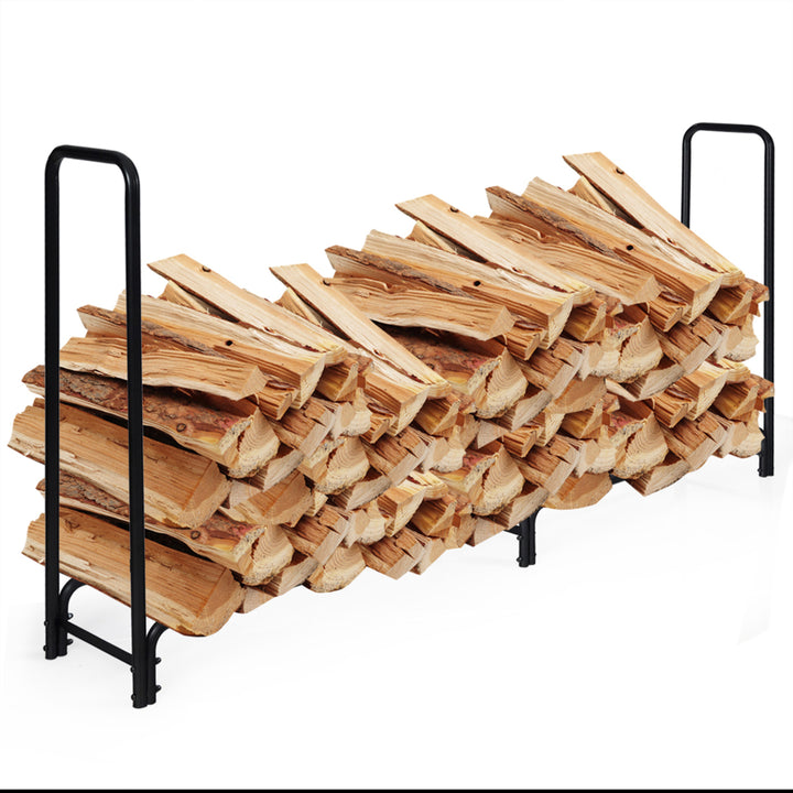 8 Feet Outdoor Steel Firewood Log Rack Wood Storage Holder for Fireplace Black Image 8