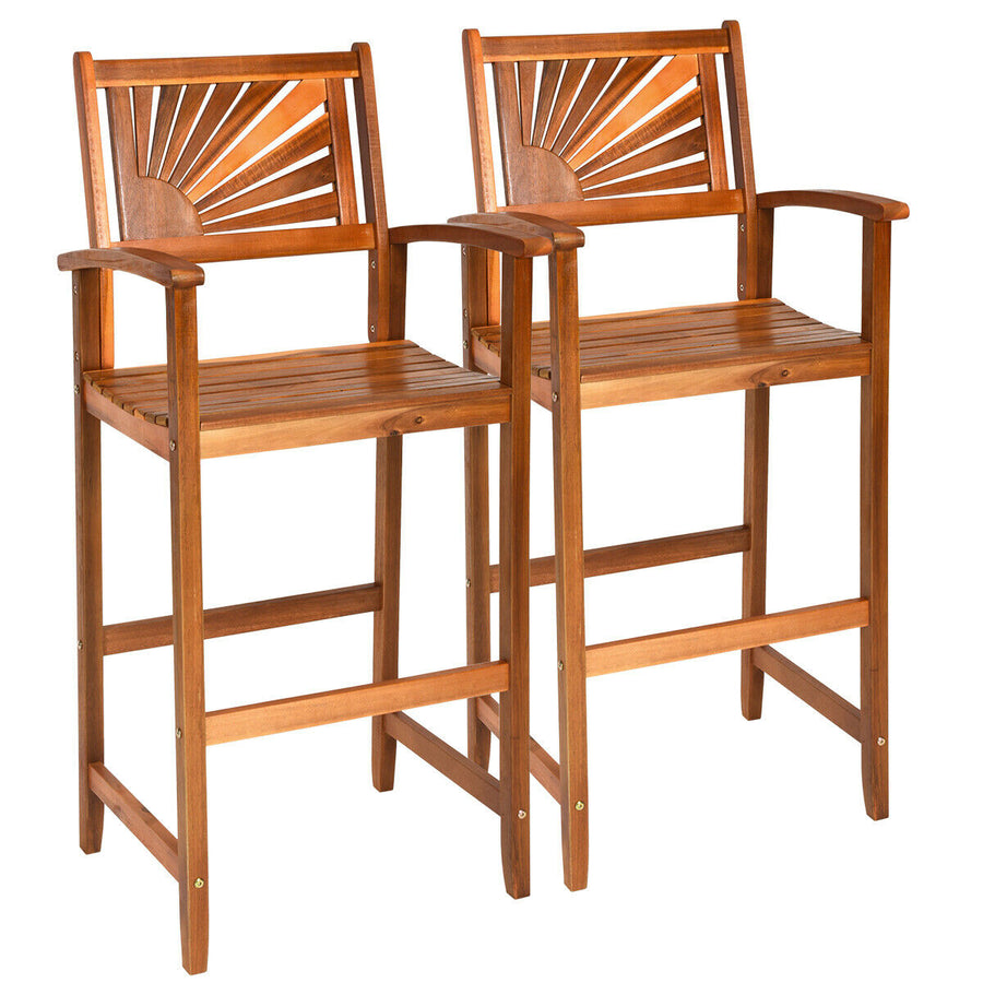 Set of 2 Acacia Wood Barstools 29 Bar Chair w/ Sector Backrest and Slatted Seat Image 1