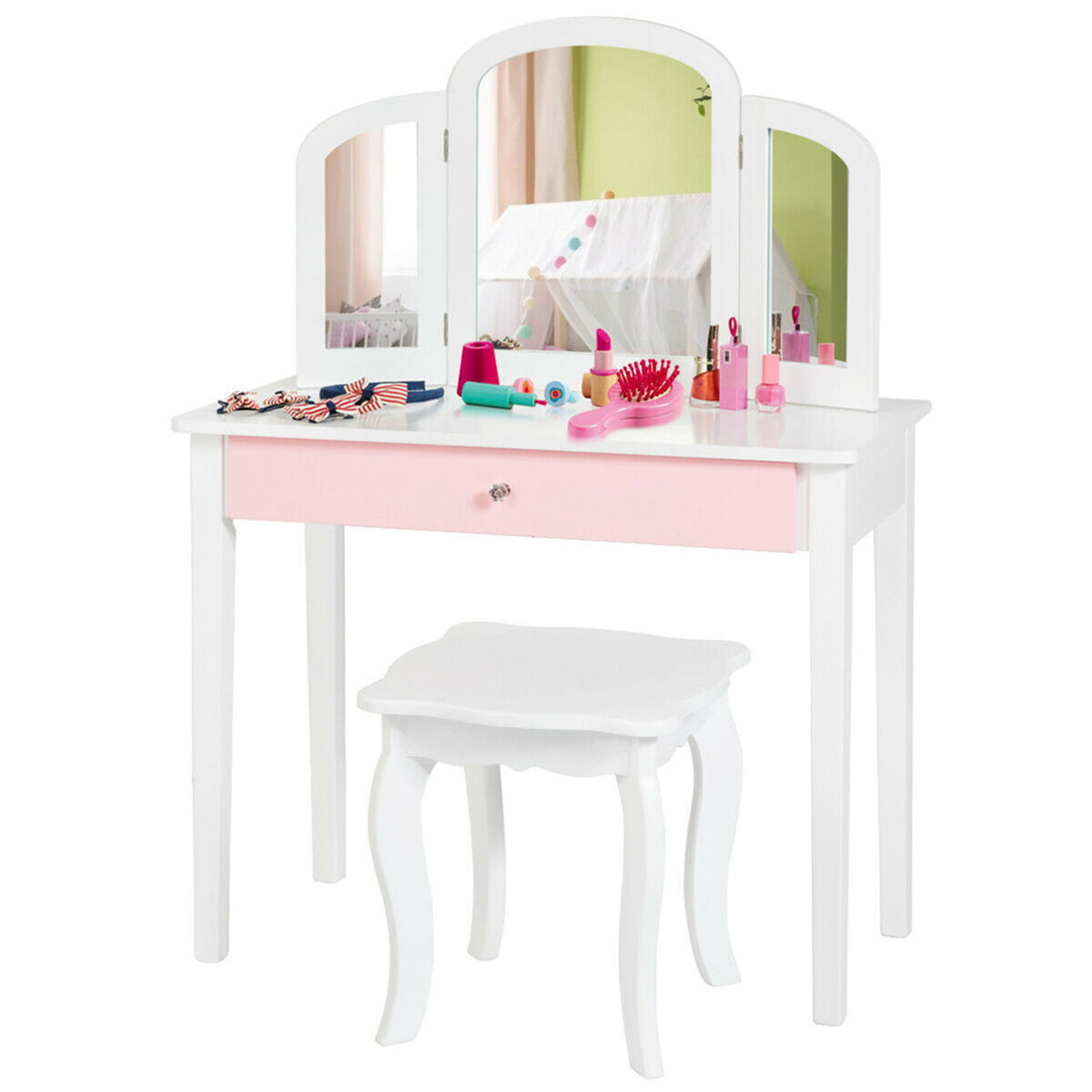 Kids Vanity Princess Make Up Dressing Table W/ Tri-folding Mirror and Chair White Image 1