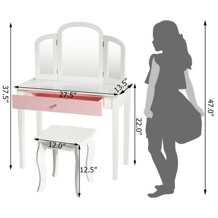 Kids Vanity Princess Make Up Dressing Table W/ Tri-folding Mirror and Chair White Image 2