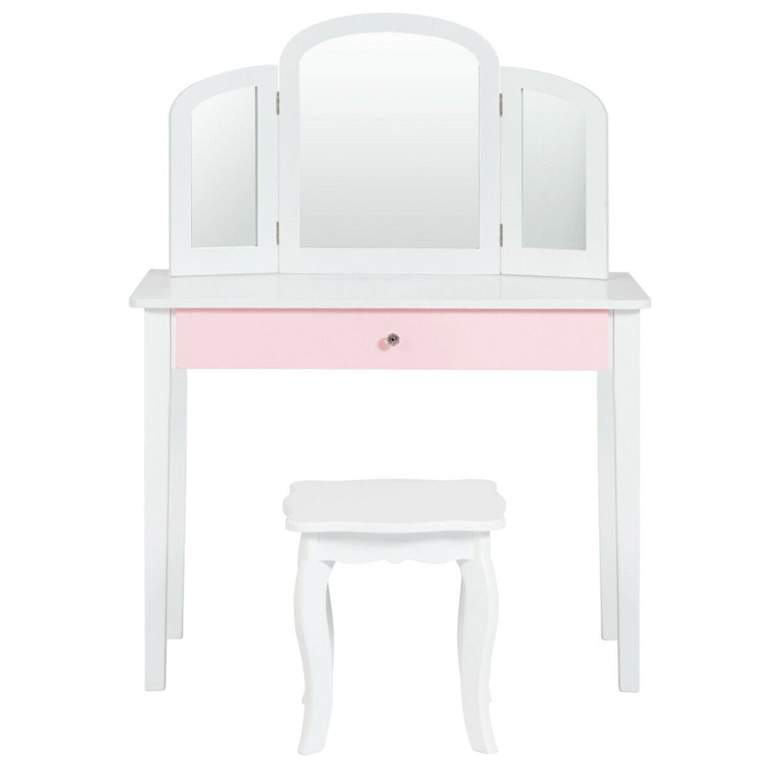 Kids Vanity Princess Make Up Dressing Table W/ Tri-folding Mirror and Chair White Image 6