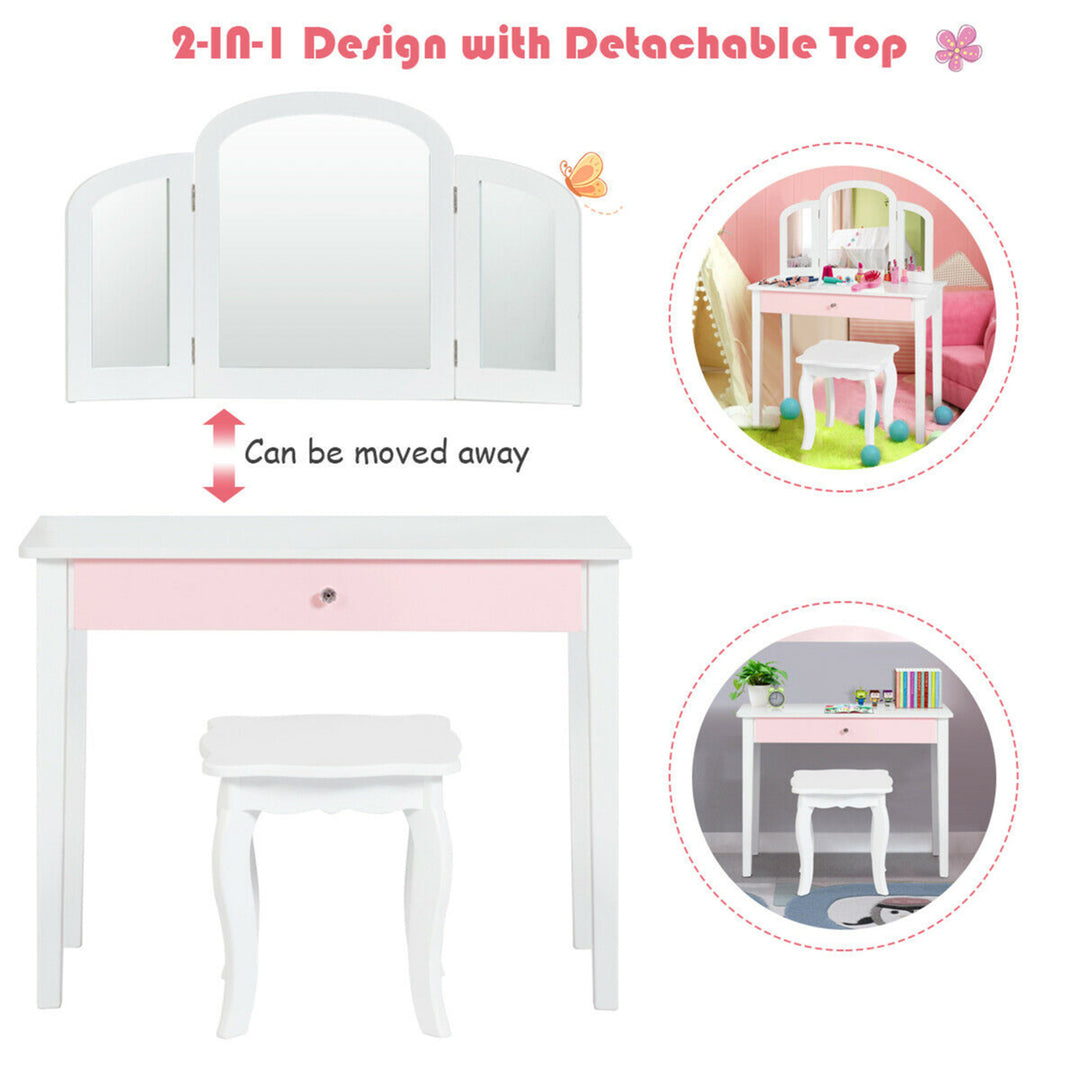 Kids Vanity Princess Make Up Dressing Table W/ Tri-folding Mirror and Chair White Image 7