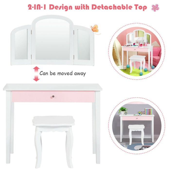 Kids Vanity Princess Make Up Dressing Table W/ Tri-folding Mirror and Chair White Image 7