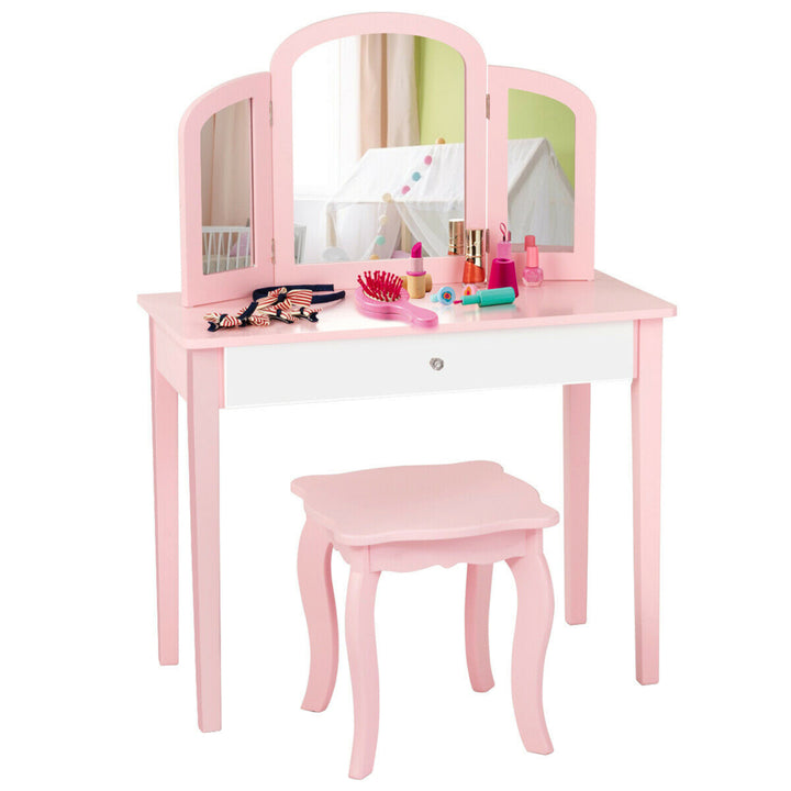 Kids Vanity Princess Make Up Dressing Table W/ Tri-folding Mirror and Chair Pink Image 1