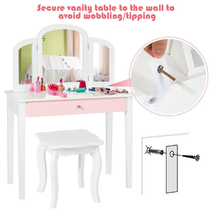 Kids Vanity Princess Make Up Dressing Table W/ Tri-folding Mirror and Chair White Image 9