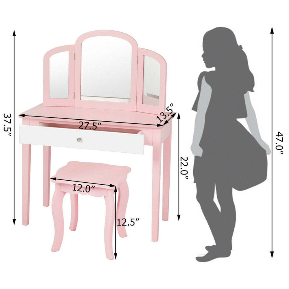 Kids Vanity Princess Make Up Dressing Table W/ Tri-folding Mirror and Chair Pink Image 2