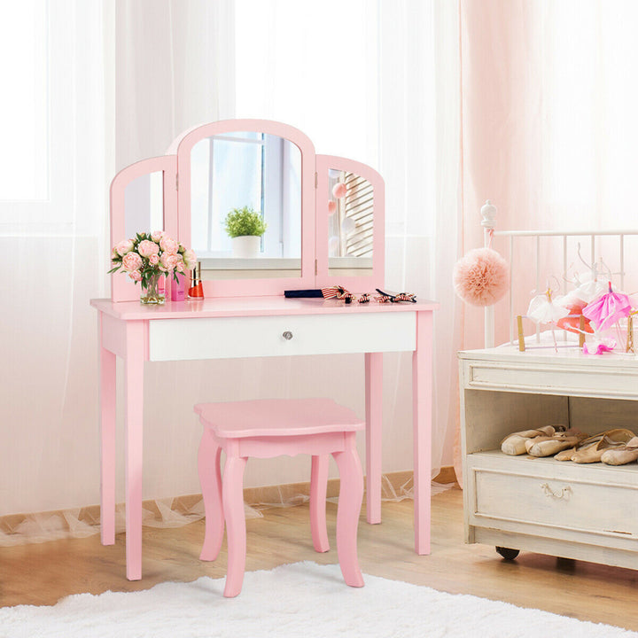 Kids Vanity Princess Make Up Dressing Table W/ Tri-folding Mirror and Chair Pink Image 3