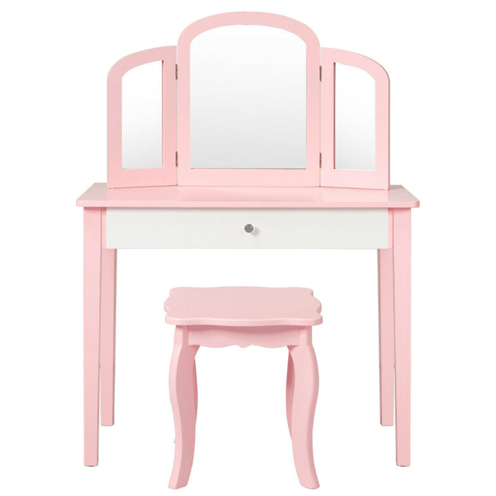 Kids Vanity Princess Make Up Dressing Table W/ Tri-folding Mirror and Chair Pink Image 6