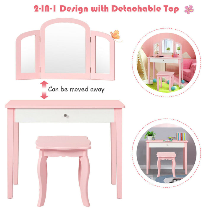 Kids Vanity Princess Make Up Dressing Table W/ Tri-folding Mirror and Chair Pink Image 7