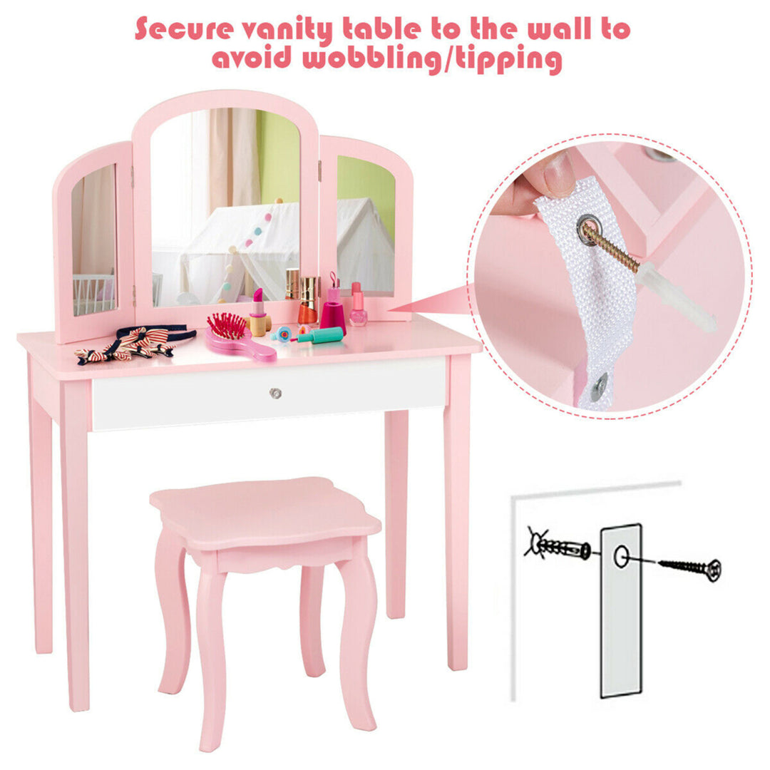 Kids Vanity Princess Make Up Dressing Table W/ Tri-folding Mirror and Chair Pink Image 9