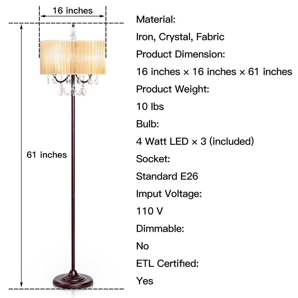 Elegant Design Sheer Shade Floor Lamp Light w/ Hanging Crystals LED Bulbs Image 2