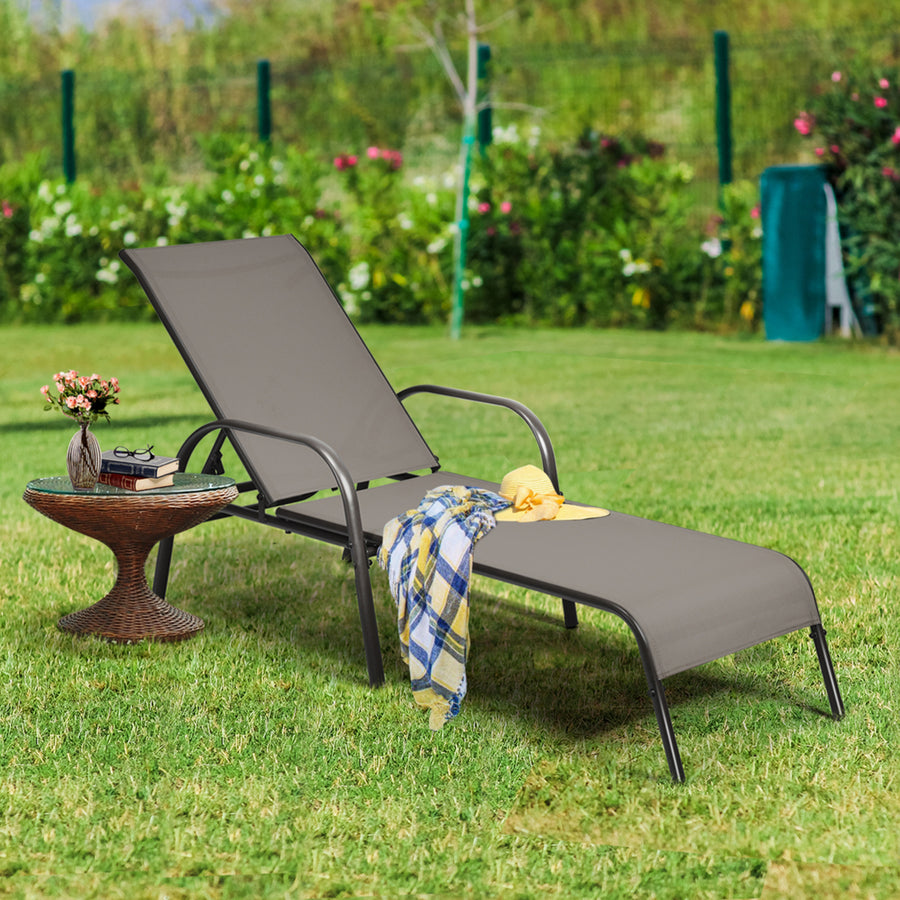 Adjustable Chaise Lounge Chair Recliner Patio Yard Outdoor w/ Armrest Brown Image 1