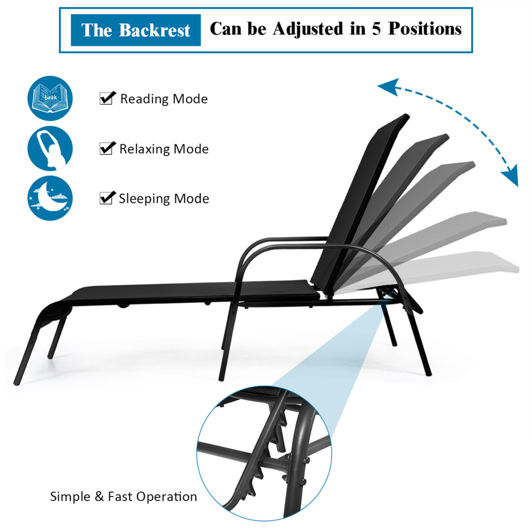 Adjustable Chaise Lounge Chair Recliner Patio Yard Outdoor w/ Armrest Black Image 8