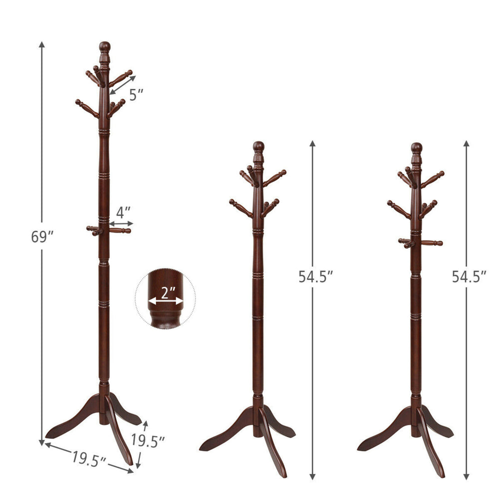 Wooden Coat Rack Hanger Hall Tree Entryway w/ 9 Hooks 2 Heights Walnut Image 2