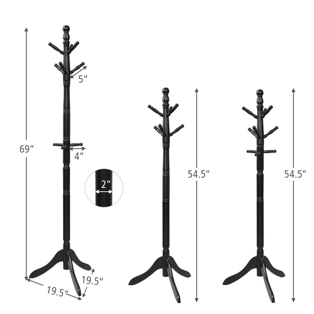 Wooden Coat Rack Hanger Hall Tree Entryway w/ 9 Hooks 2 Heights Black Image 2