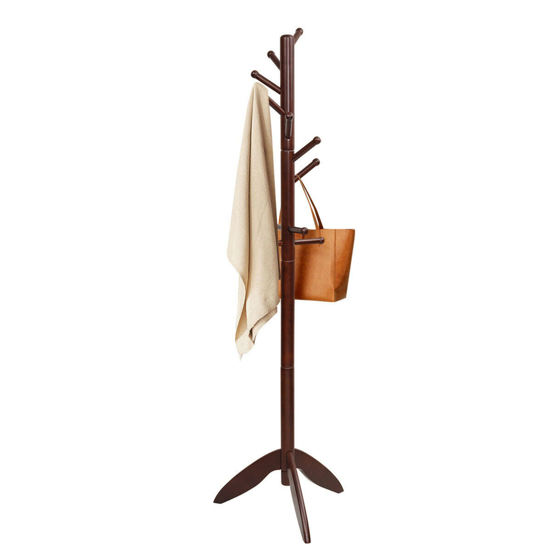 Wooden Coat Rack Hanger Hall Tree Entryway w/ 10 Hooks 2 Heights Walnut Image 1