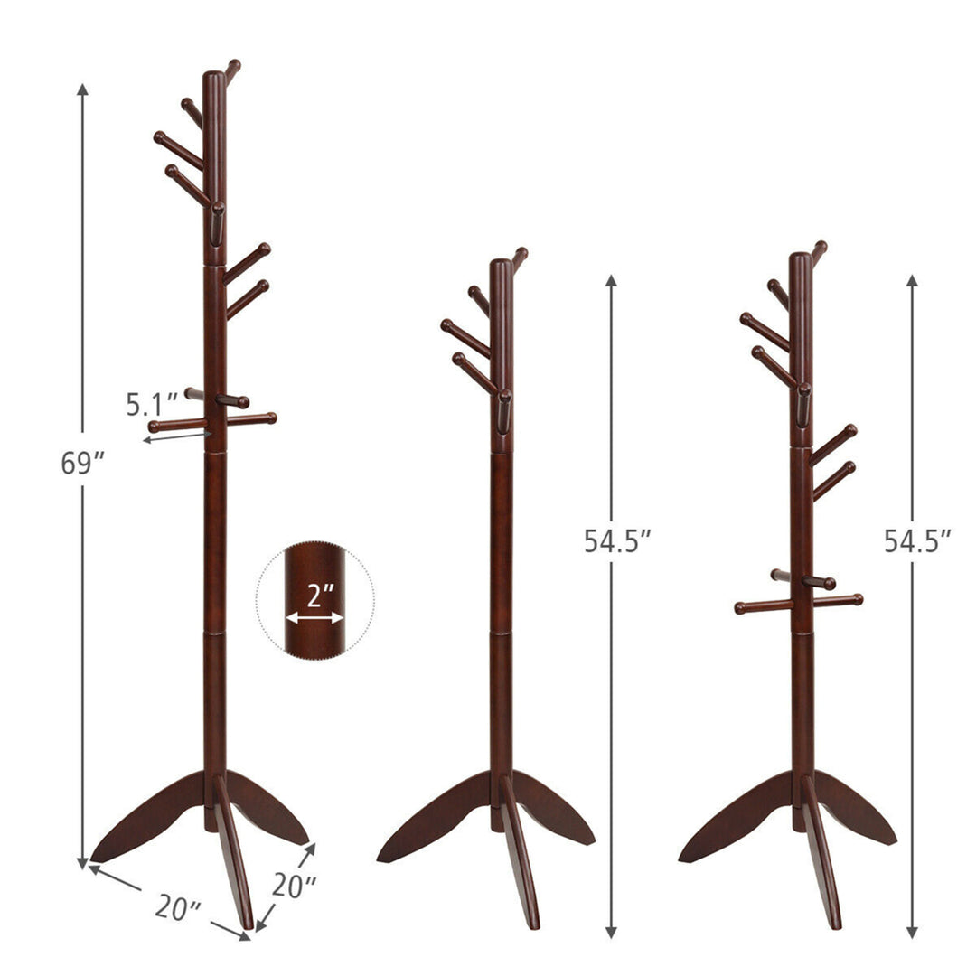 Wooden Coat Rack Hanger Hall Tree Entryway w/ 10 Hooks 2 Heights Walnut Image 2