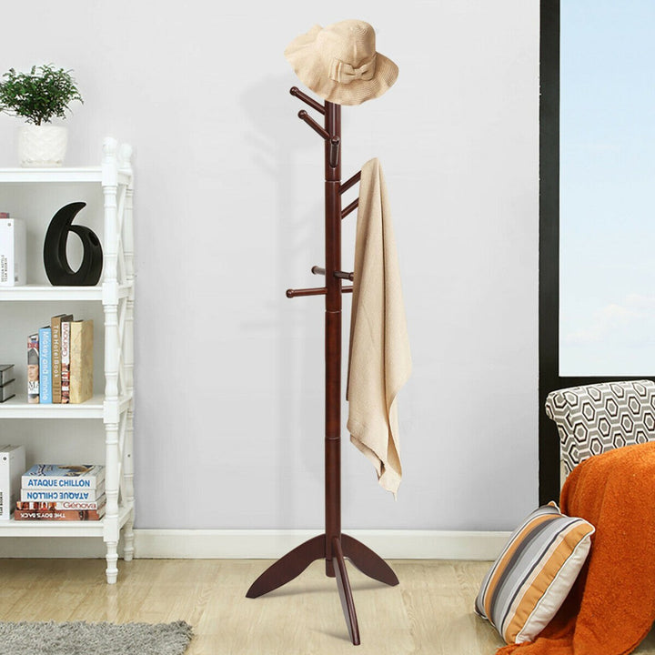 Wooden Coat Rack Hanger Hall Tree Entryway w/ 10 Hooks 2 Heights Walnut Image 3