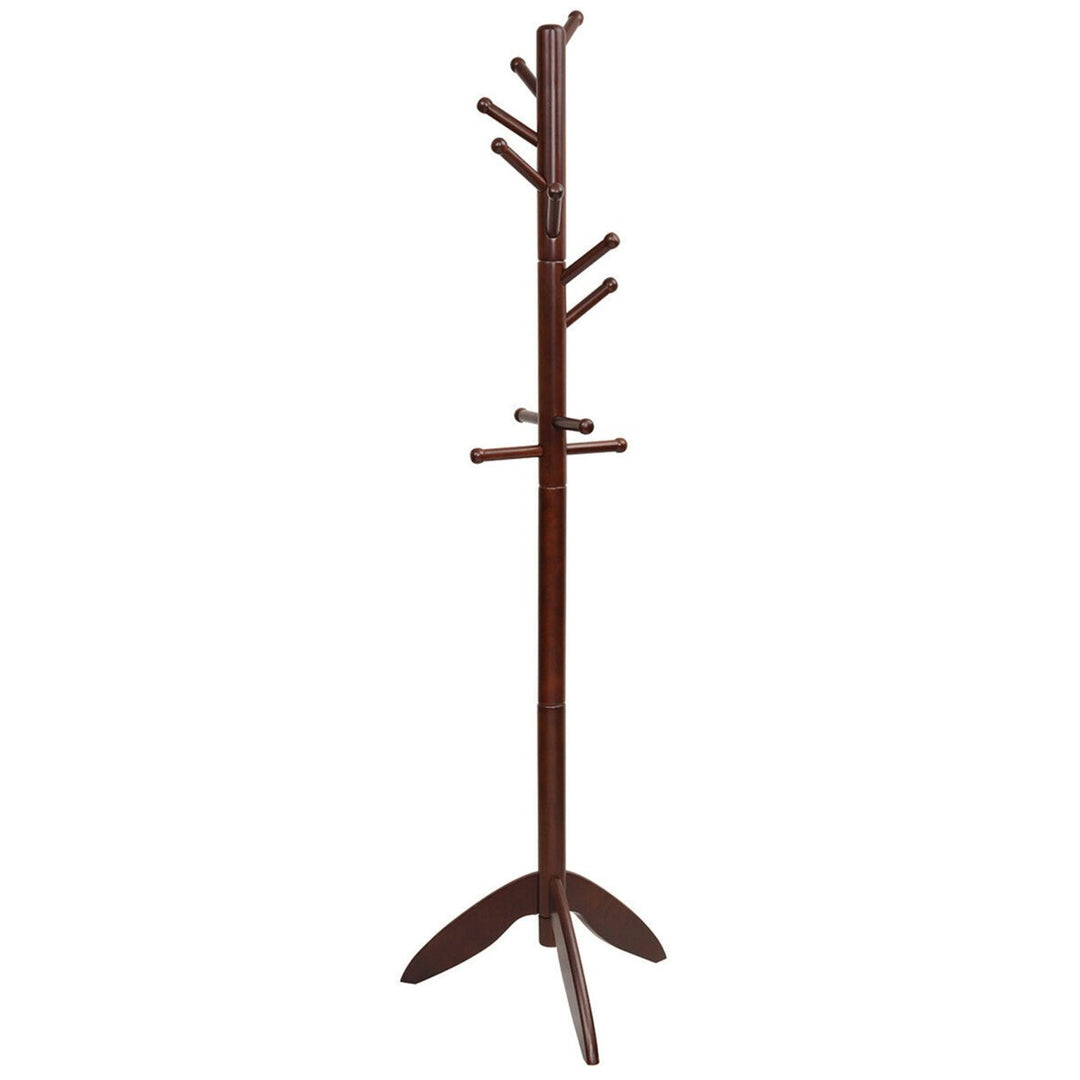 Wooden Coat Rack Hanger Hall Tree Entryway w/ 10 Hooks 2 Heights Walnut Image 4