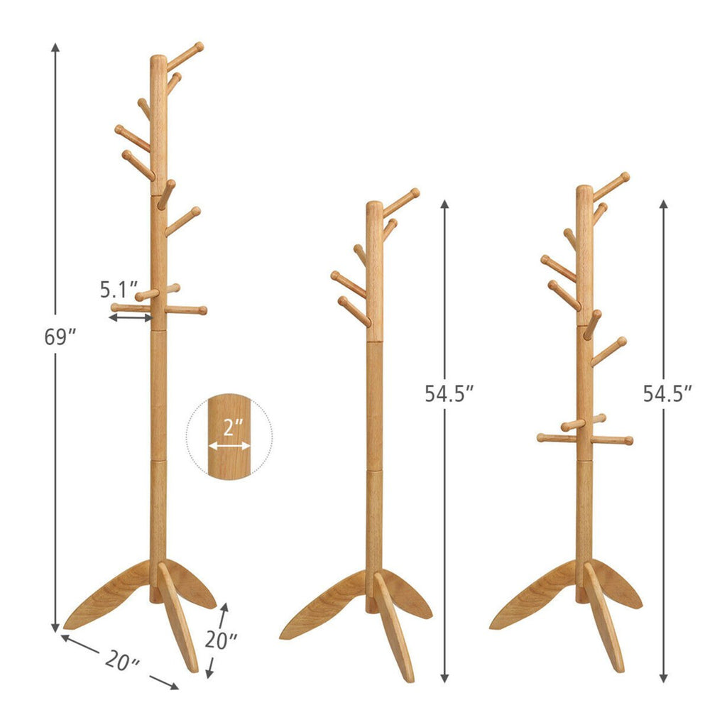 Wooden Coat Rack Hanger Hall Tree Entryway w/ 10 Hooks 2 Heights Oak Image 2