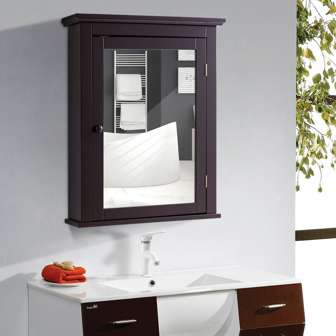 Bathroom Mirror Cabinet Wall Mounted Medicine Storage Adjustable Shelf Brown Image 2