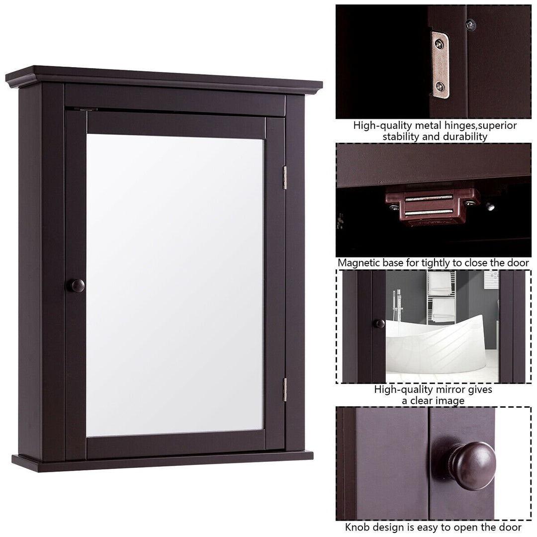 Bathroom Mirror Cabinet Wall Mounted Medicine Storage Adjustable Shelf Brown Image 5