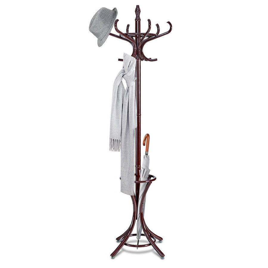 Wood Standing Hat Coat Rack Jacket Bag Hanger Tree 12 Hooks Reddish Brown w/ Umbrella Stand Image 1