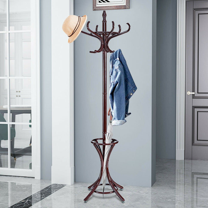 Wood Standing Hat Coat Rack Jacket Bag Hanger Tree 12 Hooks Reddish Brown w/ Umbrella Stand Image 4