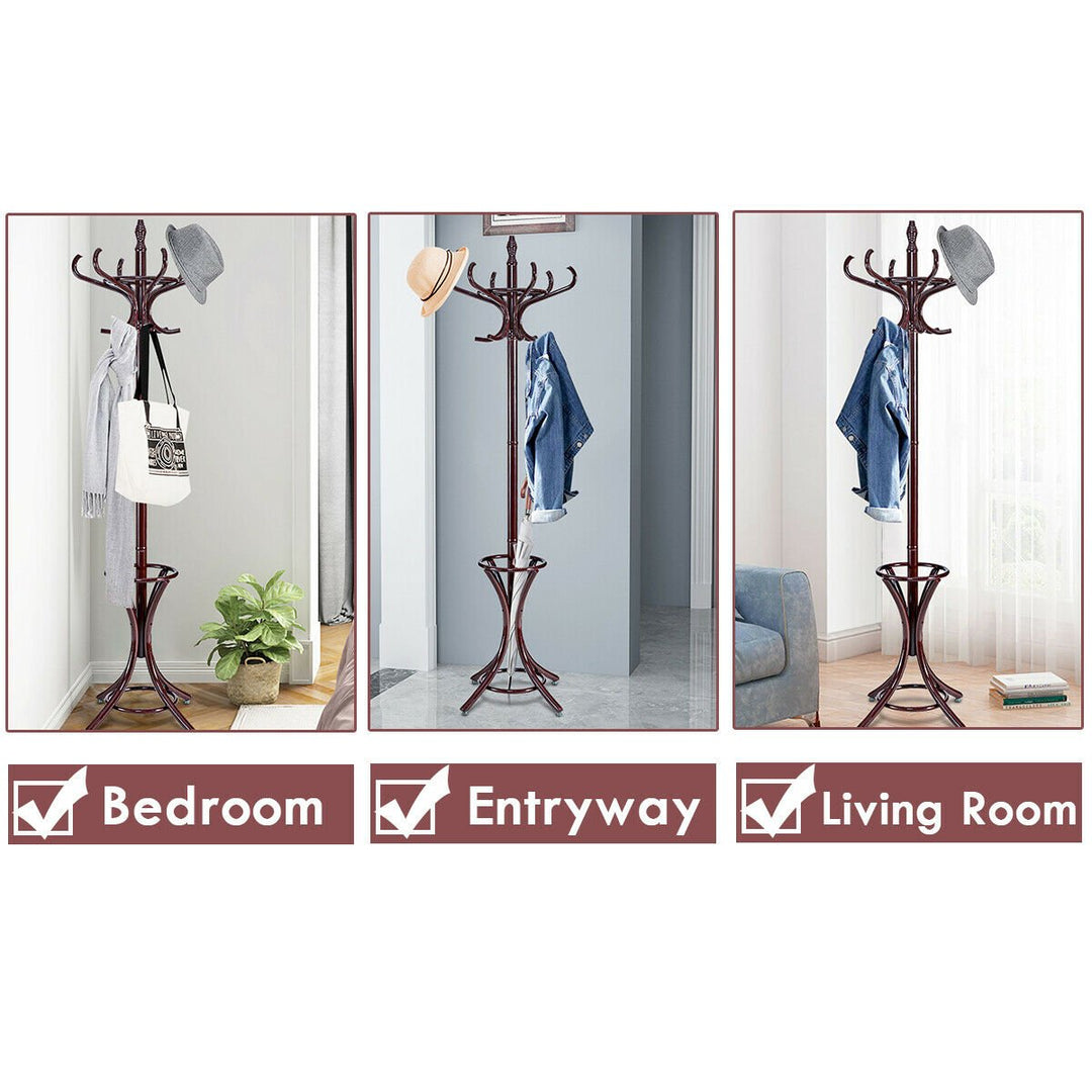 Wood Standing Hat Coat Rack Jacket Bag Hanger Tree 12 Hooks Reddish Brown w/ Umbrella Stand Image 5