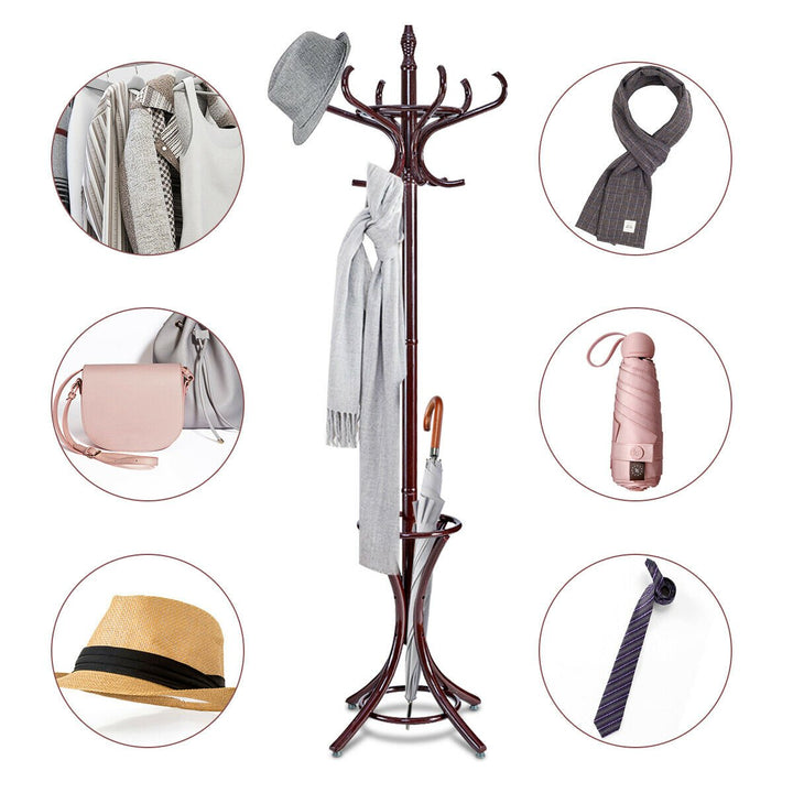 Wood Standing Hat Coat Rack Jacket Bag Hanger Tree 12 Hooks Reddish Brown w/ Umbrella Stand Image 8