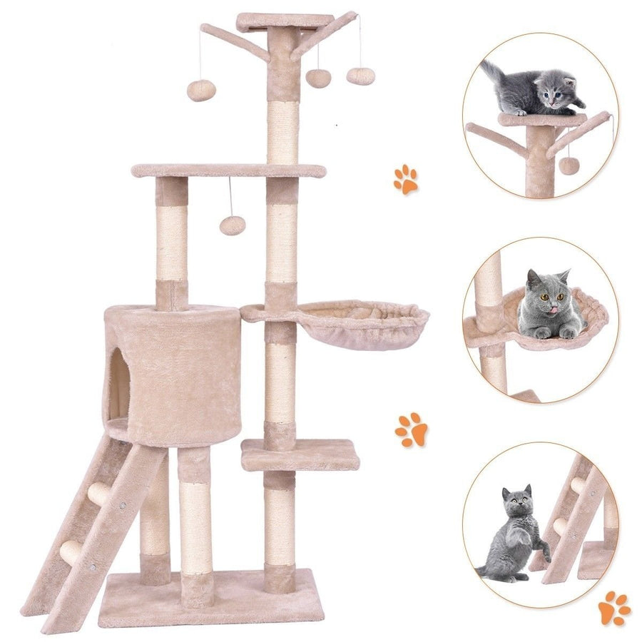 56 Cat Tree Kitten Pet Play House Furniture Condo Scratching Posts Ladder Beige Image 1