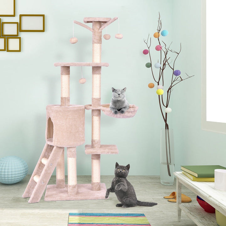 56 Cat Tree Kitten Pet Play House Furniture Condo Scratching Posts Ladder Beige Image 2