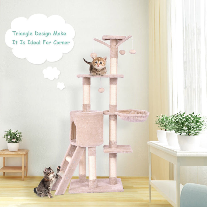 56 Cat Tree Kitten Pet Play House Furniture Condo Scratching Posts Ladder Beige Image 10