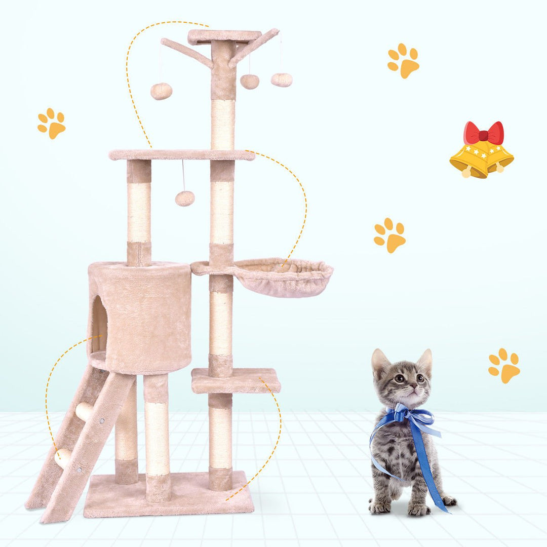 56 Cat Tree Kitten Pet Play House Furniture Condo Scratching Posts Ladder Beige Image 4