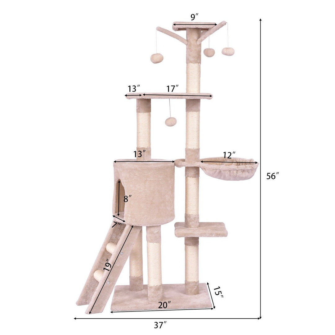 56 Cat Tree Kitten Pet Play House Furniture Condo Scratching Posts Ladder Beige Image 3