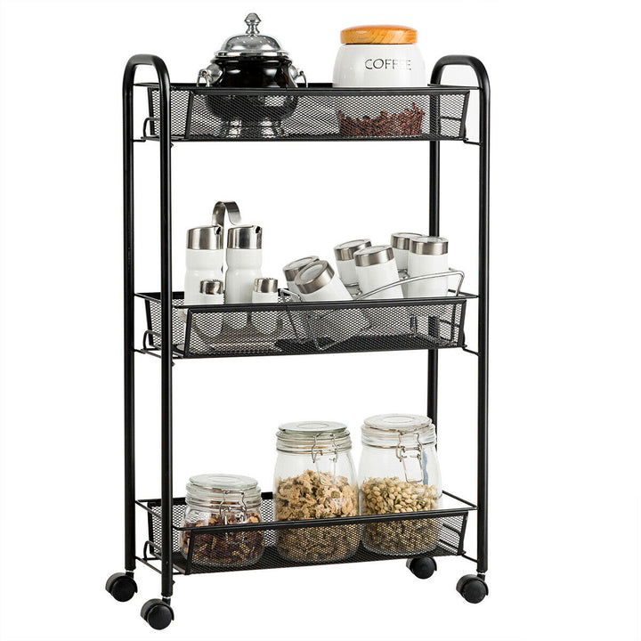 3 Tier Rolling Storage Cart Full-Metal Basket Stand Utility Cart Trolley Image 1