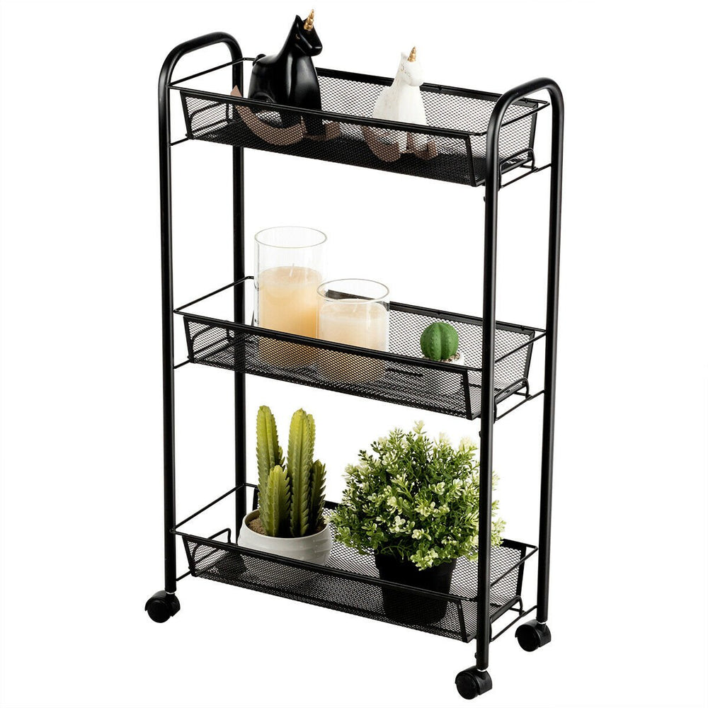 3 Tier Rolling Storage Cart Full-Metal Basket Stand Utility Cart Trolley Image 2