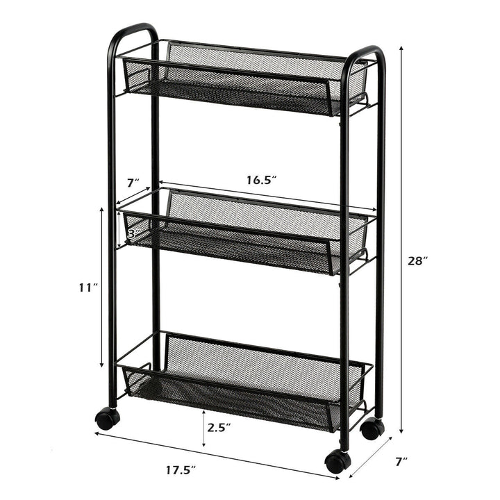 3 Tier Rolling Storage Cart Full-Metal Basket Stand Utility Cart Trolley Image 3