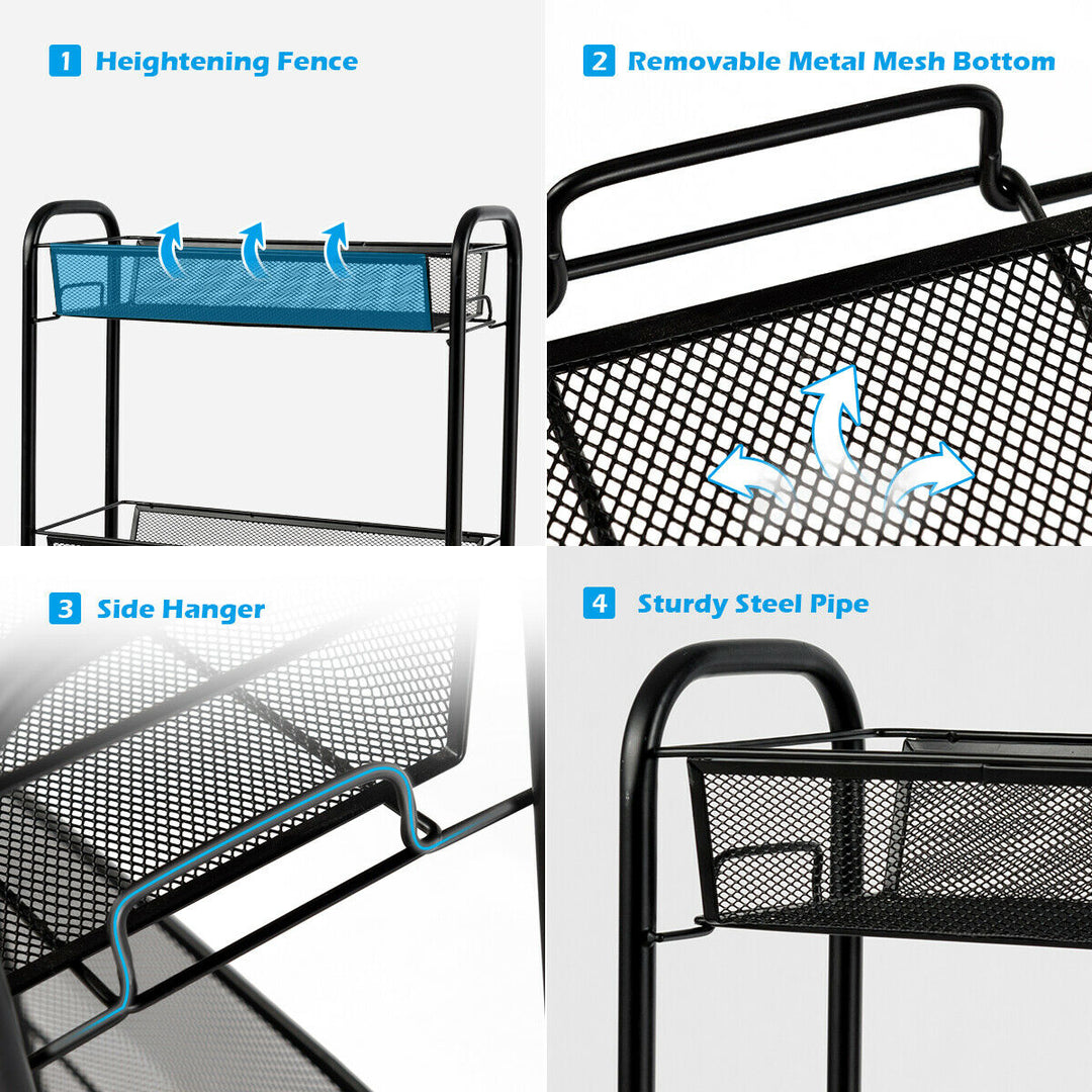 3 Tier Rolling Storage Cart Full-Metal Basket Stand Utility Cart Trolley Image 9