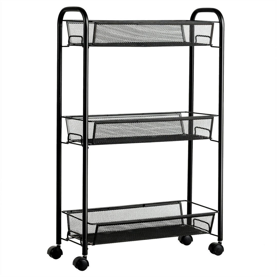 3 Tier Rolling Storage Cart Full-Metal Basket Stand Utility Cart Trolley Image 10