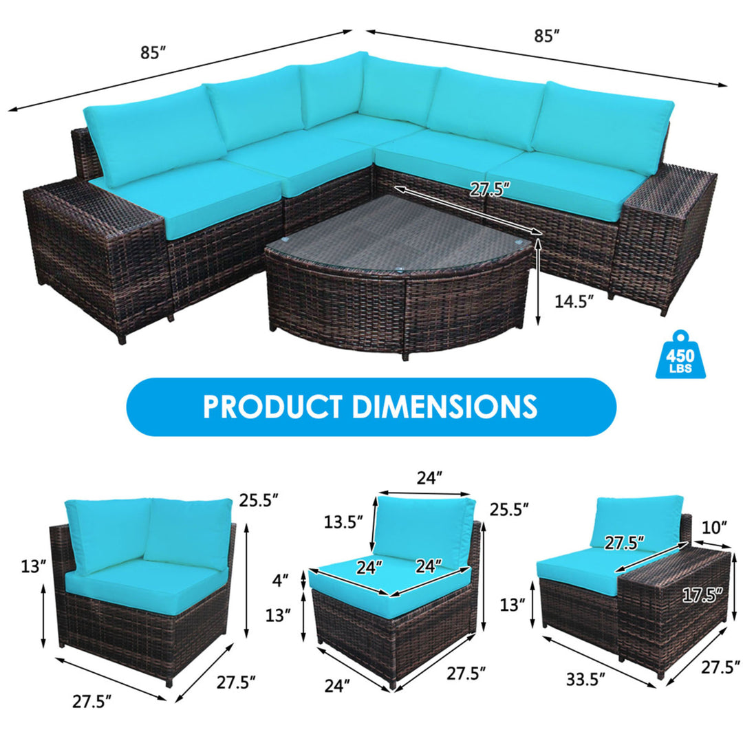 6PCS Wicker Furniture Sectional Sofa Set w/ Cushions Turquoise Image 3