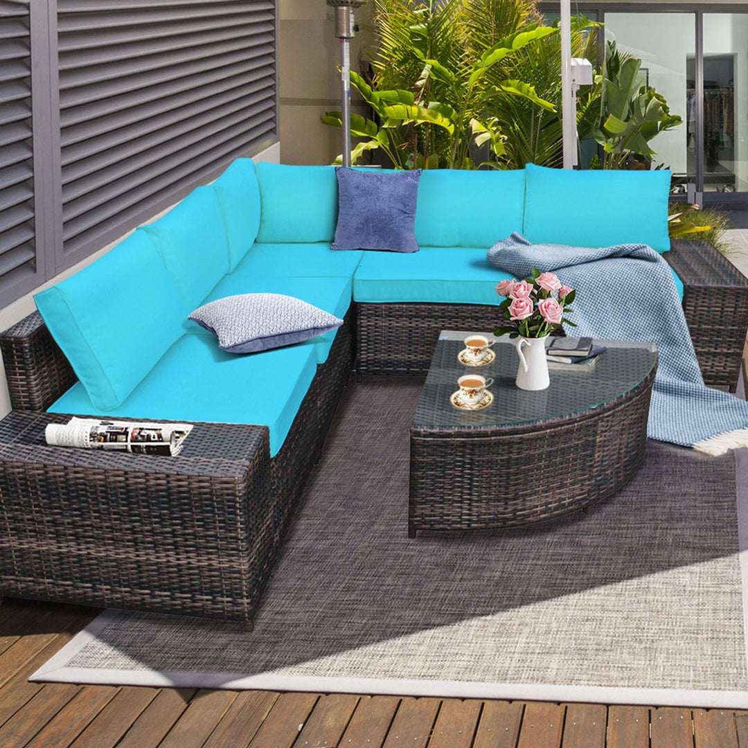 6PCS Wicker Furniture Sectional Sofa Set w/ Cushions Turquoise Image 4