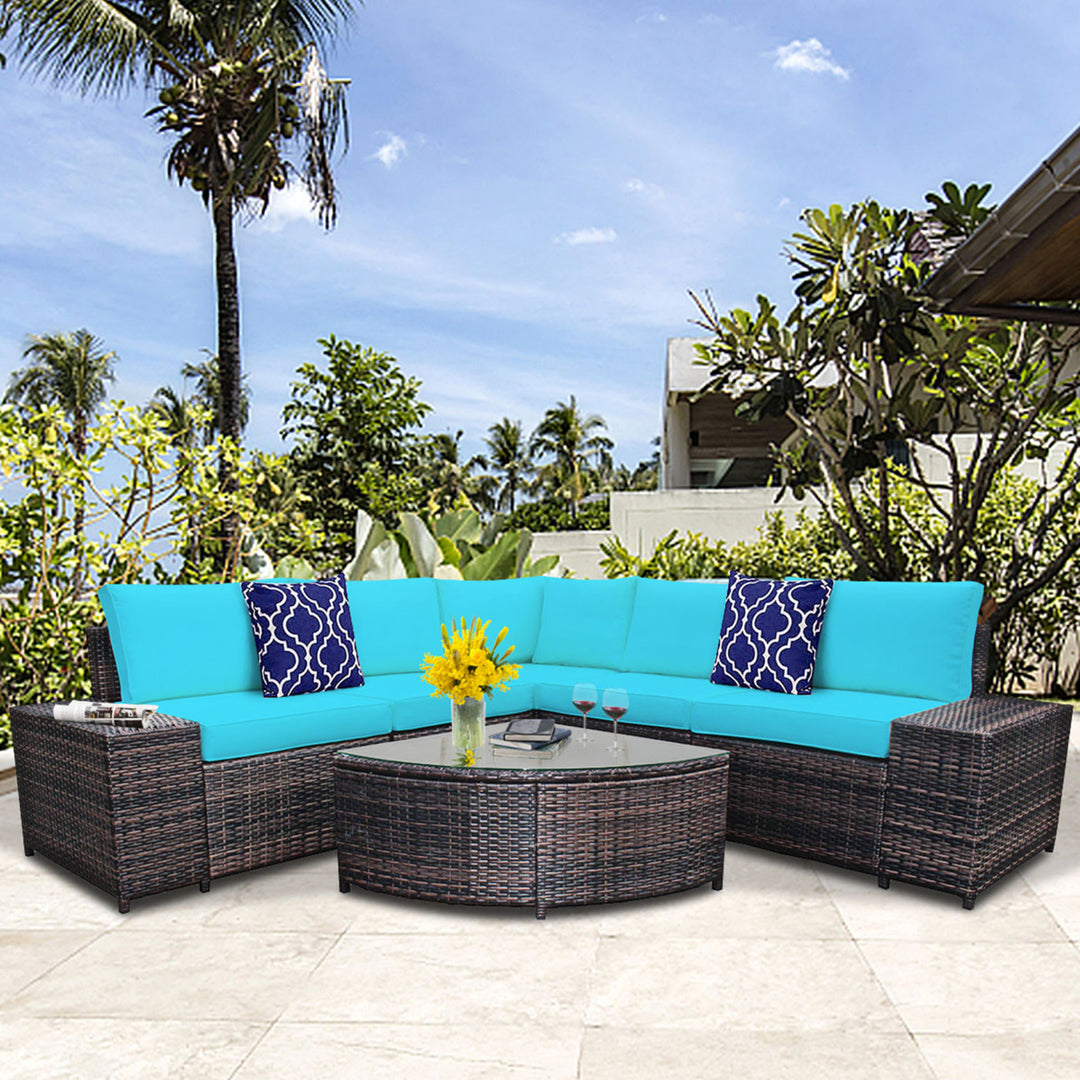 6PCS Wicker Furniture Sectional Sofa Set w/ Cushions Turquoise Image 5