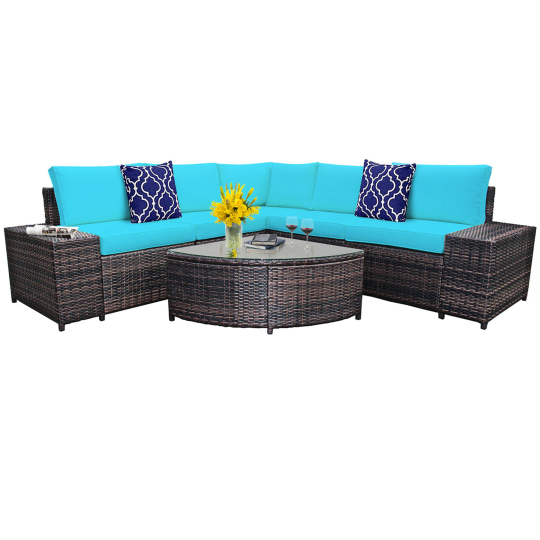 6PCS Wicker Furniture Sectional Sofa Set w/ Cushions Turquoise Image 7