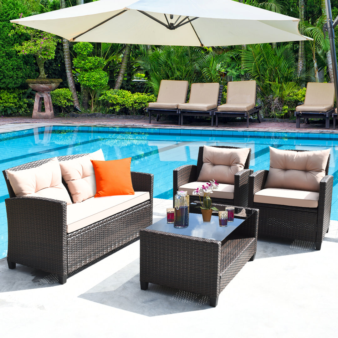 4pcs Outdoor Rattan Furniture Set Cushioned Sofa w/Armrest Home Image 1