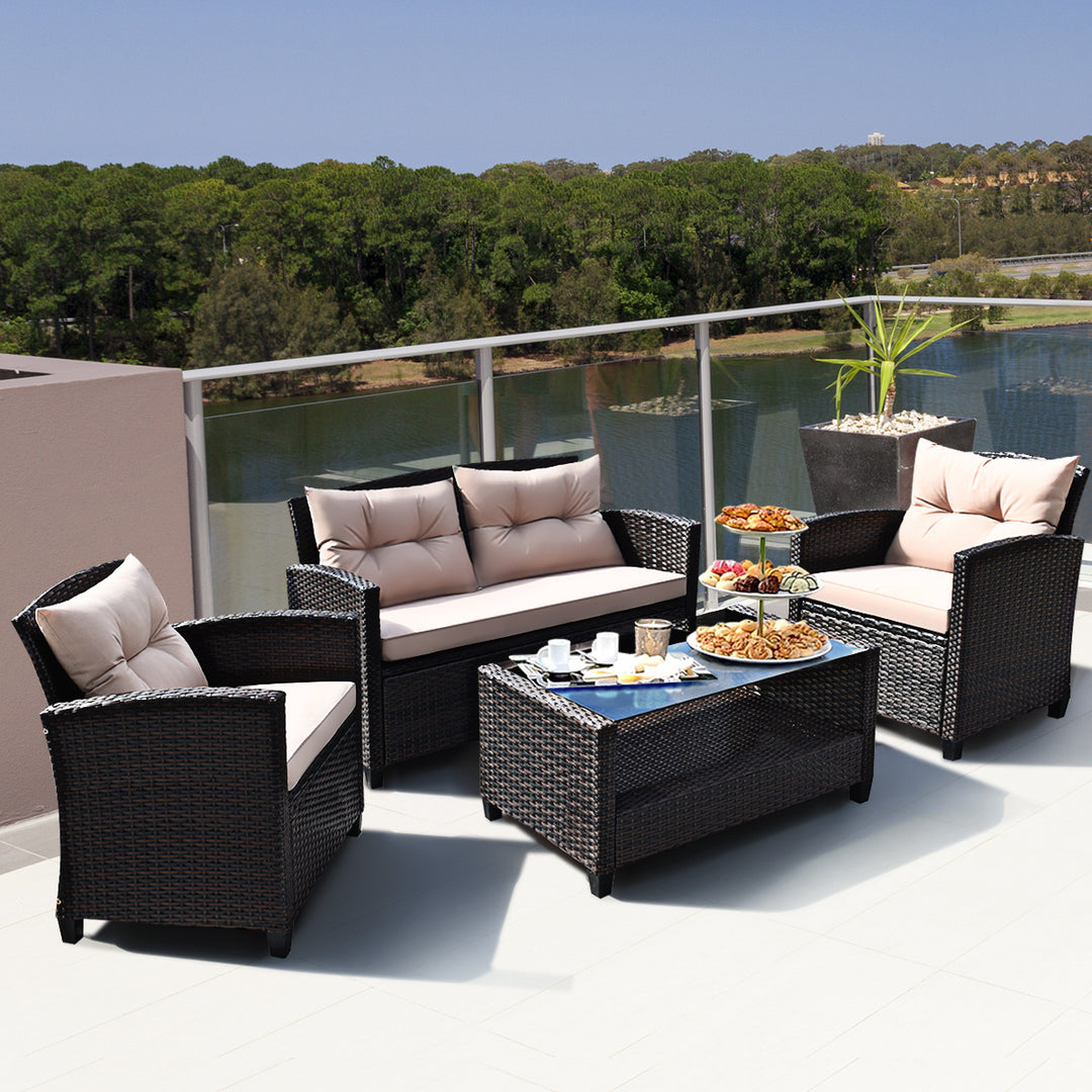 4pcs Outdoor Rattan Furniture Set Cushioned Sofa w/Armrest Home Image 3